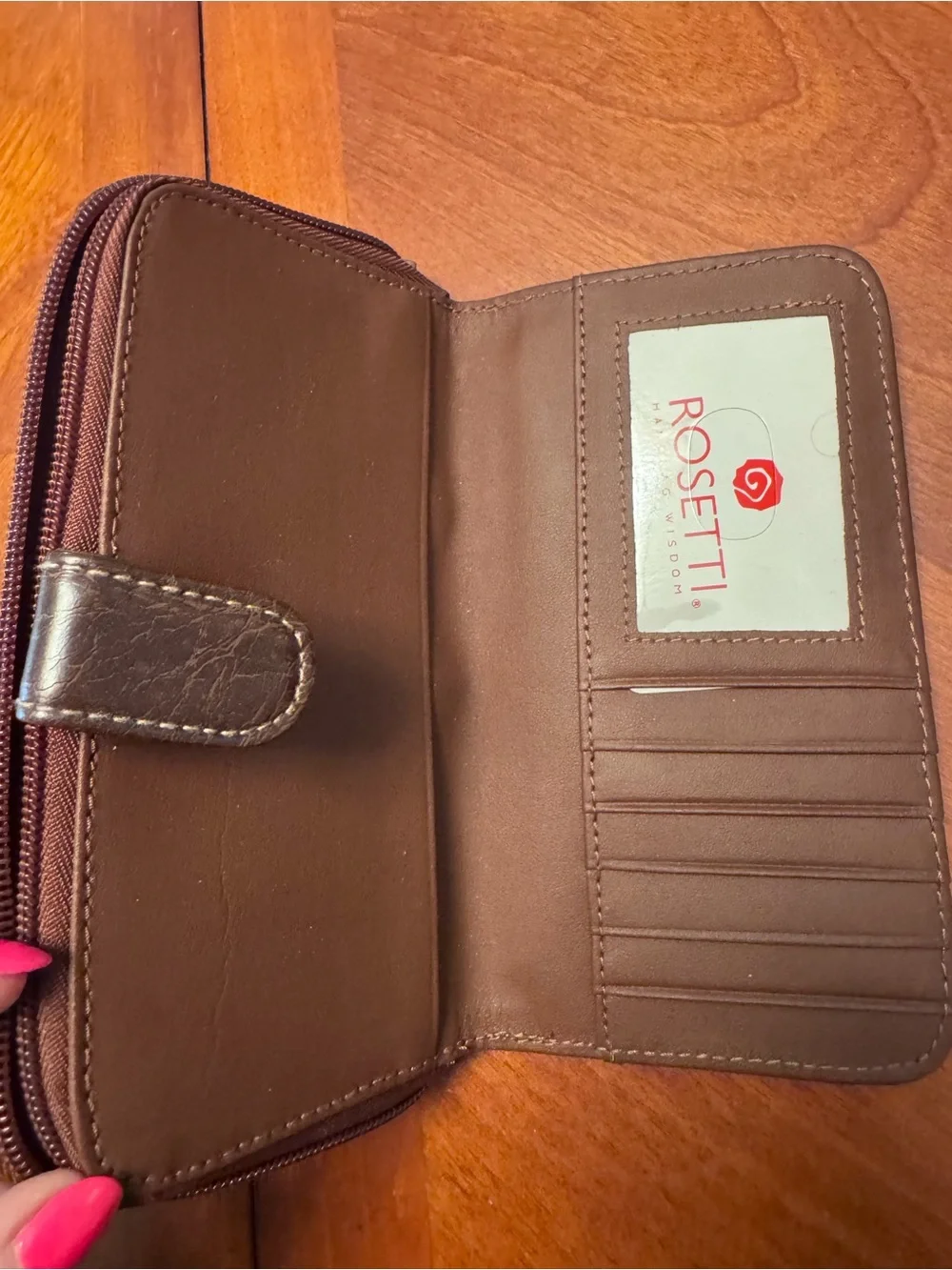 ROSETTI: Brown Leather Zip Wallet with Snap Closure